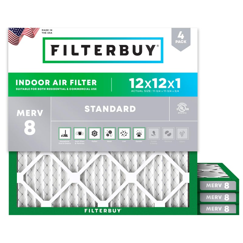 Filterbuy 12x12x1 Air Filter MERV 8 Essential Dust & Allergy Defense (4-Pack), Electrostatic Pleated HVAC AC Furnace Filters Replacement, Made in USA (Actual Size: 11.75 x 11.75 x 0.75) - Image 1